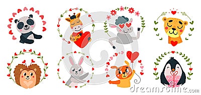 Funny animals in love frames. Cartoon romantic animal with hearts. Cute panda and bunny, sheep and giraffe. Valentines Vector Illustration