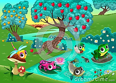 Funny animals on a river in the wood Vector Illustration