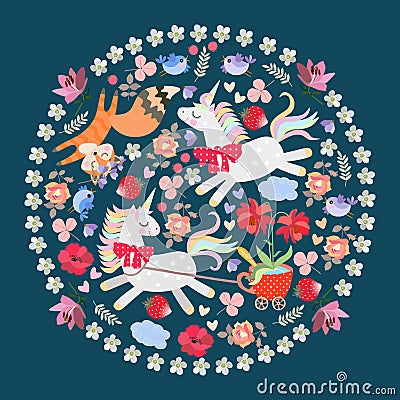 Funny animals in a round ornament with a floral frame. Unicorn harnessed to a cart in the form of a polka dot tea cup Vector Illustration