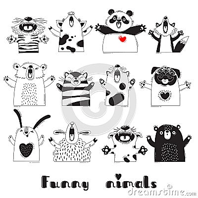 Funny Animals Tiger Pig Bear Fox Sheep Cat Pug Panda Rabbit for the design of childrens parties, rooms, stickers Vector Illustration