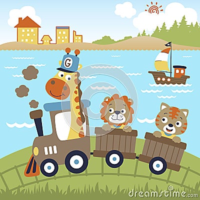 Funny animals cartoon vacation with steam train Vector Illustration