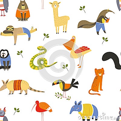 Funny animals wearing knitted sweaters and clothes seamless pattern Vector Illustration