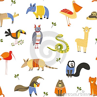 Funny animals wearing knitted sweaters and clothes seamless pattern isolated on white vector. Vector Illustration