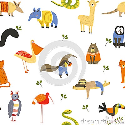 Funny animals wearing knitted sweaters and clothes seamless pattern isolated on white vector. Vector Illustration