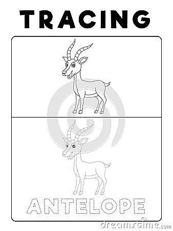 Funny Antelope Deer Animal Tracing Book with Example. Preschool worksheet for practicing fine motor skill. Vector Cartoon Stock Photo
