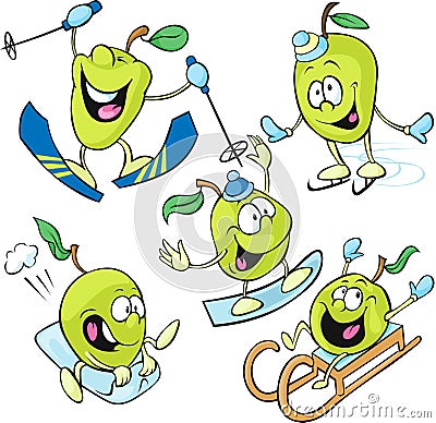 Funny apple character - winter sport isolated vector on white Vector Illustration