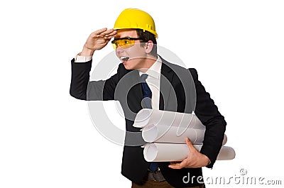 The funny architect with drawings on white Stock Photo