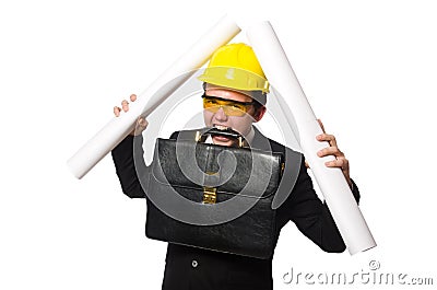 Funny architect with drawings on white Stock Photo