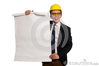 The funny architect with drawings on white Stock Photo