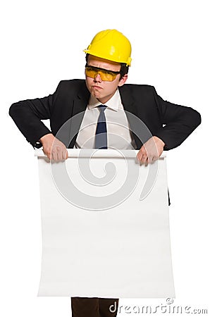 The funny architect with drawings on white Stock Photo