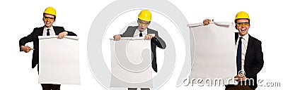 The funny architect with drawings on white Stock Photo