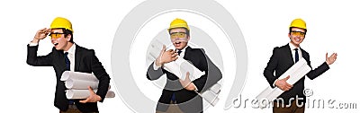 The funny architect with drawings on white Stock Photo