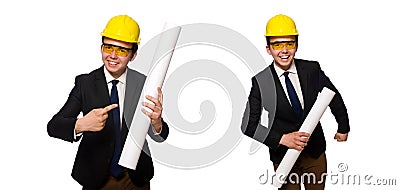 The funny architect with drawings on white Stock Photo