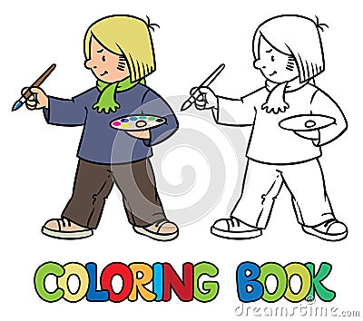 Funny artist or painter. Coloring book Vector Illustration
