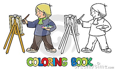 Funny artist or painter. Coloring book Vector Illustration