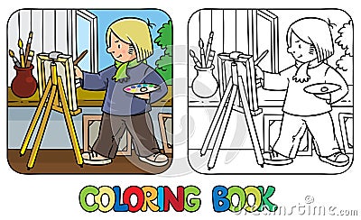 Funny artist or painter. Coloring book Vector Illustration