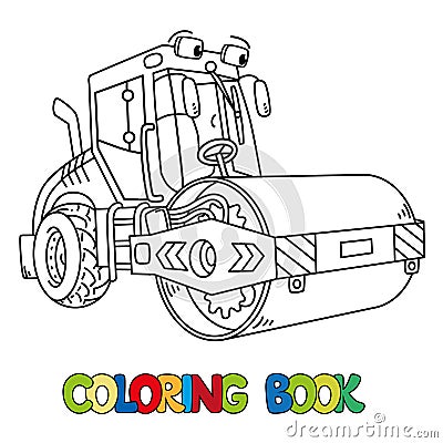 Funny asphalt compactor car with eye coloring book Vector Illustration