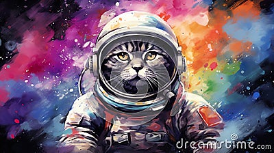 funny astronaut cat in space suit, fun kitty in spacesuit flying in cosmos Stock Photo