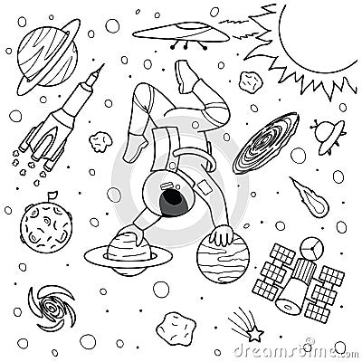 Funny astronaut doing yoga on planets Vector Illustration