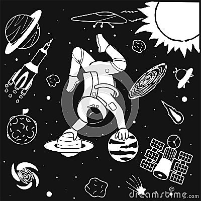 Funny astronaut doing yoga on planets in space design for print,illustration and coloring book page for kids and adult Vector Illustration