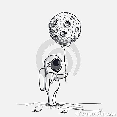 Funny astronaut keeps abstract balloon like a moon Vector Illustration