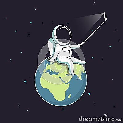 Funny astronaut make selfie on Earth Vector Illustration