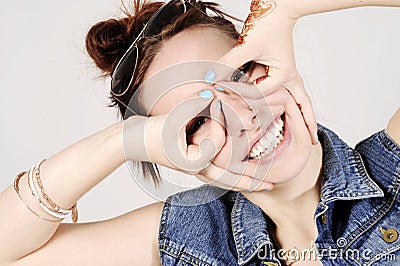 Funny attractive hipster girl clowning, happy lifestyle concept Stock Photo