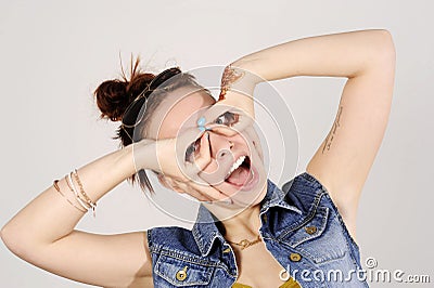 Funny attractive hipster girl clowning, happy lifestyle concept Stock Photo