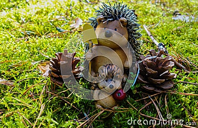 Funny Hedgehogs with Pine cones on green Moss Editorial Stock Photo