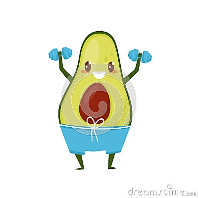 Funny avocado exercising with dumbbells, sportive fruit cartoon character doing fitness exercise vector Illustration on Vector Illustration