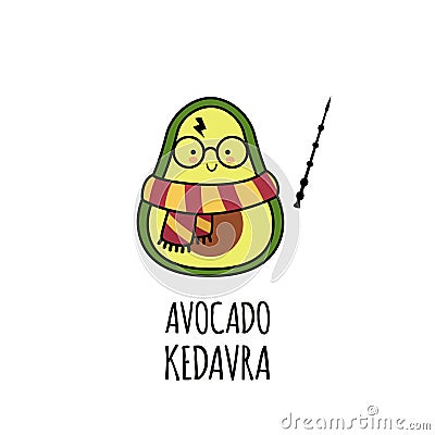 Funny avocado icon. Harry Potter style. Magic wand. Isolated. Vector Vector Illustration