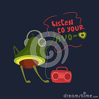 A funny avocado listens to music on headphones Vector Illustration