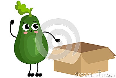 Funny avocado mascot with open cardboard box Vector Illustration
