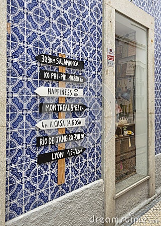 Funny azulejos near the small cafe in Aveiro, Portugal Editorial Stock Photo