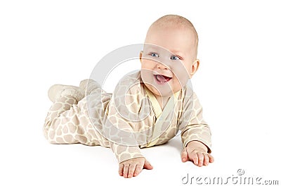 Funny baby boy smiling and showing his first teeth. Stock Photo