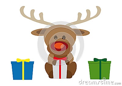 Funny baby Christmas Rudolf reindeer with three presents Vector Illustration