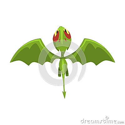 Funny baby dragon in flying action. Cartoon character of green fantastic mythical creature. Top view. Flat vector design Vector Illustration