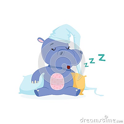 Funny baby hippo character in a hat sleeping on a pillow, cute behemoth African animal vector Illustration Vector Illustration