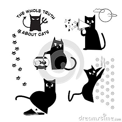 Funny bad cat behavior set Vector Illustration