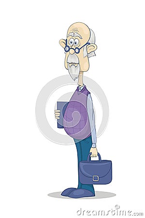 Funny bald grandfather with gray hair and beard in glasses with a brief case and a book in his hands Vector Illustration