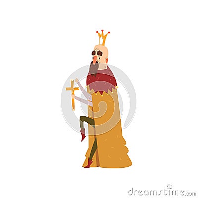 Funny bald king character in mantle holding golden cross cartoon vector Illustration Vector Illustration