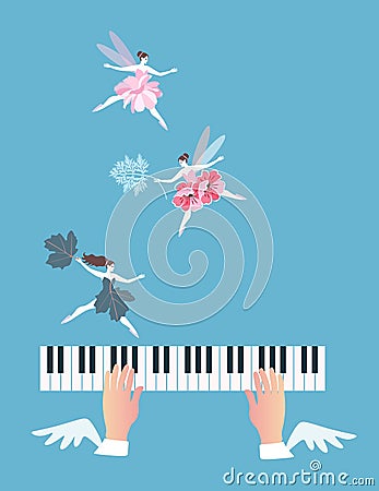 Funny banner with leaves, flowers and winged fairies, dancing over the piano keys. Vector Illustration