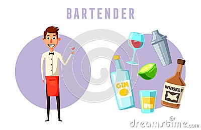 Funny bartender, cute character. Vector cartoon illustration Vector Illustration