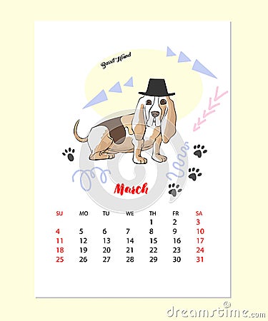 Funny Basset Hound Sketch Calendar Vector Illustration