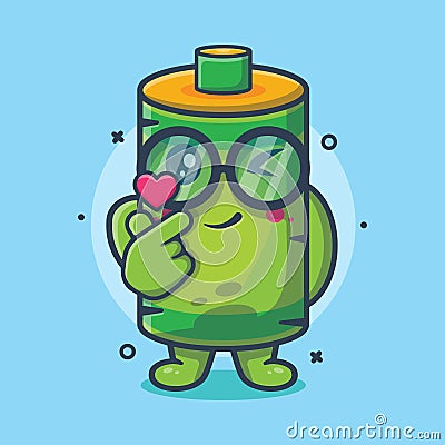 funny battery character mascot with love sign hand gesture isolated cartoon in flat style design Vector Illustration