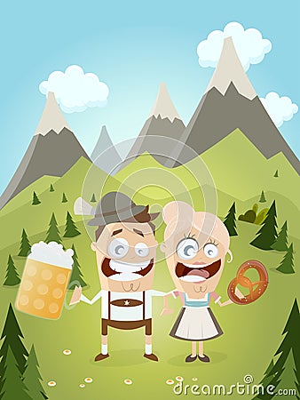 Funny Bavarian couple with beer and pretzel Vector Illustration