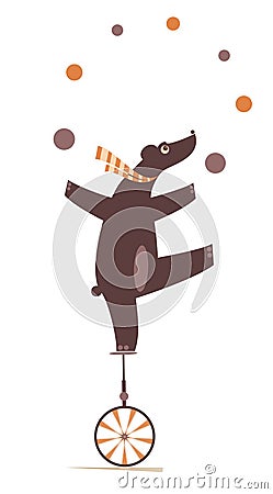 Funny bear balances on the unicycle Vector Illustration