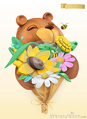 Funny bear with bouquet of wildflowers. vector plasticine art object Vector Illustration