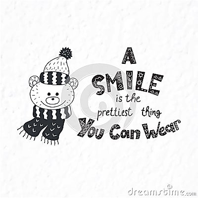 Winter postcard with quotes and phrases. Funny bear. Vector Illustration