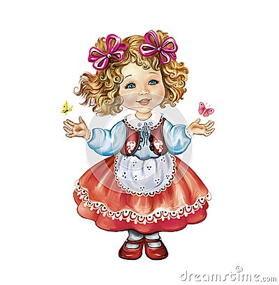 funny beautiful cartoon girl with butterflies Cartoon Illustration